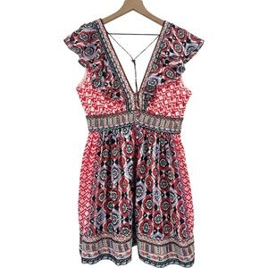 Anthropologie Red and Blue Patterned Mini Dress